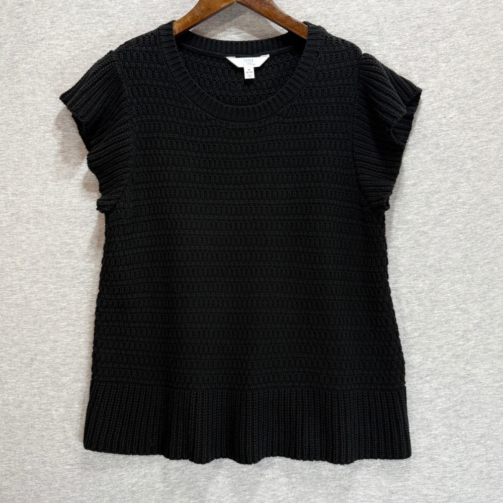 Time and Tru Sweater Top Womens Medium Black Flutter Sleeve Crew Neck Textured